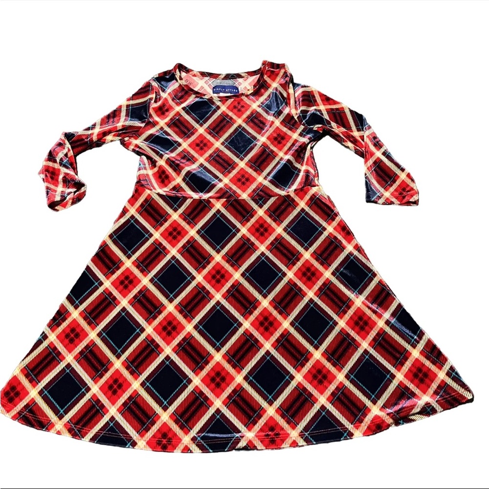 SIMPLY STYLED Velvet Dress Girls Size Large 10-12 Red Blue Plaid 3/4 Sleeve